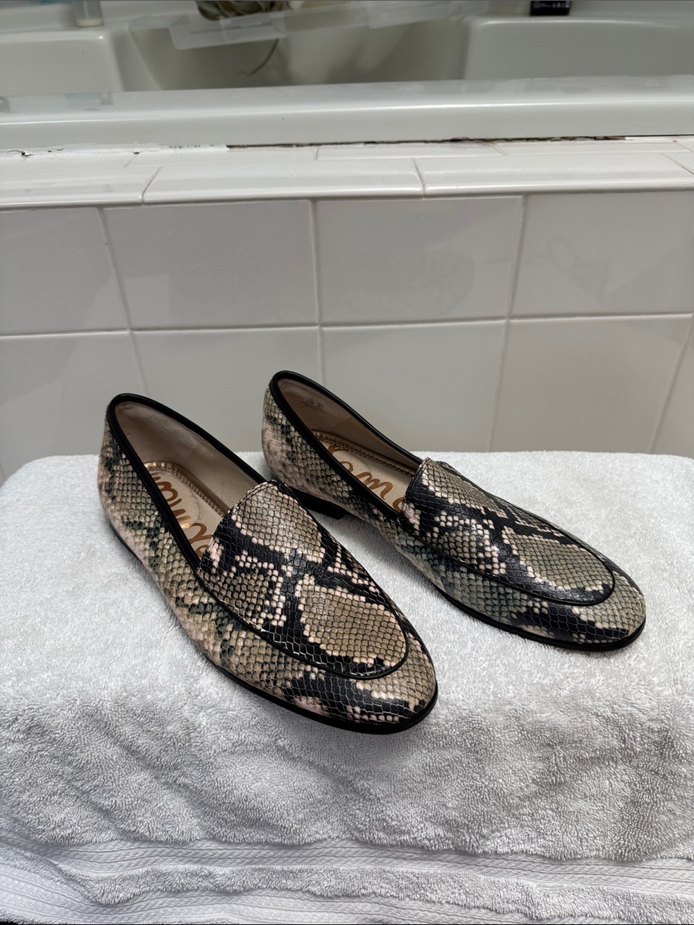 Sam Edelman Woman Snake-Print Loafers in Taupe and Black  Green and Pink Hues